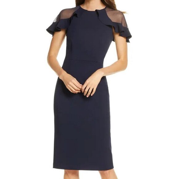 Eliza J Navy Blue Sheer Ruffle Shoulder Cocktail Dress - Picture 1 of 2